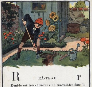 Livre pour enfants “Je lirai - Alphabet méthodique et amusant par un papa” 1926. Illustration de Robert Salles (1871-1929). Abécédaire : lettre R comme Rateau. Un garçon jardine dans le jardin de sa maison.
