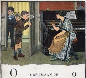Livre pour enfants « Je lirai - Alphabet méthodique et amusant par un papa » 1926. Abécédaire : lettre O comme Obéissance. Une mère gronde ses garçons. - Robert Salles