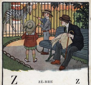 Livre pour enfants « Je lirai - Alphabet méthodique et amusant par un papa » 1926. Illustration de Robert Salles (1871-1929). Abécédaire : lettre Z comme Zèbre. Des enfants, avec un cerceau, regardent un zèbre dans un zoo - Robert Salles