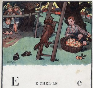 Livre pour enfants « Je lirai - Alphabet méthodique et amusant par un papa » 1926. Illustration de Robert Salles (1871-1929). Abécédaire : lettre E comme Échelle. Un chien grimpe à l