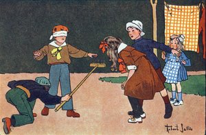 Colin-maillard. Gravure dans « À quoi jouons-nous ? » par E. Weber avec des dessins aquarellés de Robert Salles (1871-1929). Librairie Garnier Frères, Paris