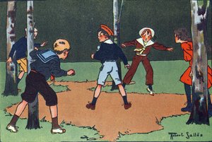 Les quatre coins. Gravure dans « À quoi jouons-nous ? » par E. Weber avec des dessins aquarellés de Robert Salles (1871-1929). Librairie Garnier Frères, Paris