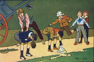 Saute-mouton. Gravure dans "À quoi jouons-nous ?" par E. Weber avec des dessins aquarellés de Robert Salles (1871-1929). Librairie Garnier Frères, Paris - Robert Salles