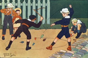 La toupie (jeu de fouet). Gravure dans "À quoi jouons-nous ?" par E. Weber avec des dessins aquarellés de Robert Salles (1871-1929). Librairie Garnier Frères, Paris