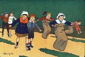 La course en sac. Gravure dans « À quoi jouons-nous ? » par E. Weber avec des dessins aquarellés de Robert Salles (1871-1929). Librairie Garnier Frères, Paris