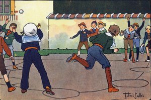 La balle au camp (ou balle au prisonnier ou balle au chasseur). Gravure dans "À quoi jouons-nous ?" par E. Weber avec des dessins aquarellés de Robert Salles (1871-1929). Librairie Garnier Frères, Paris.