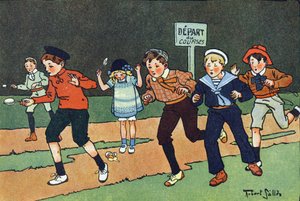 La course aux œufs. Gravure dans « À quoi jouons-nous ? » par E. Weber avec des dessins aquarellés de Robert Salles (1871-1929). Librairie Garnier Frères, Paris