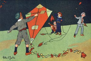 Le cerf-volant. Gravure dans « À quoi jouons-nous ? » par E. Weber avec des dessins aquarellés de Robert Salles (1871-1929). Librairie Garnier Frères, Paris