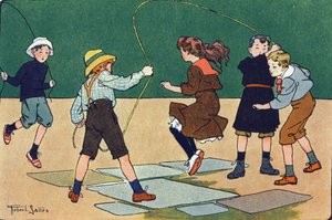 Le saut à la corde. Gravure dans « À quoi jouons-nous ? » par E. Weber avec des dessins aquarellés de Robert Salles (1871-1929). Librairie Garnier Frères, Paris