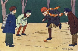 La marelle. Gravure dans "À quoi jouons-nous ?" par E. Weber avec des dessins aquarellés de Robert Salles (1871-1929). Librairie Garnier Frères, Paris
