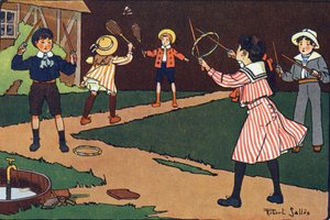 Le volant et les grâces. Gravure dans "À quoi jouons-nous ?" par E. Weber avec des dessins aquarellés de Robert Salles (1871-1929). Librairie Garnier Frères, Paris.