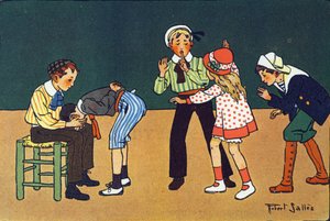 La main chaude. Gravure dans "À quoi jouons-nous ?" par E. Weber avec des dessins aquarellés de Robert Salles (1871-1929). Librairie Garnier Frères, Paris