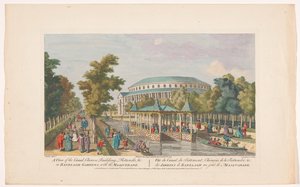 Vue de la Rotonde et du pavillon chinois sur le canal dans les jardins de Ranelagh à Londres avec un bal masqué (Ranelagh Gardens en Vauxhall G)