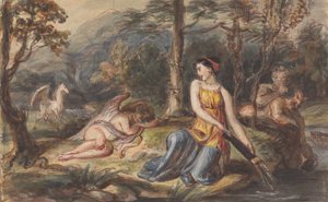Diane, déesse de la chasse, avec des satyres, Cupidon endormi et un Pégase dans un paysage boisé