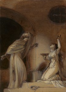 Illustration pour un roman oriental, peut-être "Les Mille et Une Nuits", avec une figure féminine agenouillée à droite