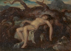 Femme dormant nue dans un paysage boisé