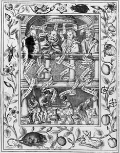 Les grands alchimistes inspirent le travail dans le laboratoire du Theatrum Chemicum Britannicum, 1652