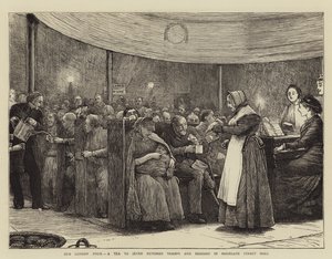 Nos pauvres de Londres, un thé pour sept cents vagabonds et mendiants dans la salle de Moorgate Street
