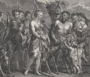 Diane revenant de la chasse, accompagnée de chiens et de ses nymphes à gauche, deux satyres, vers 1808