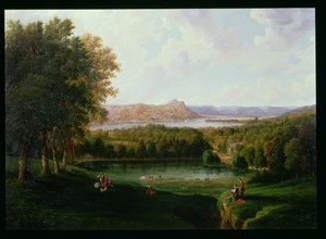 Vue de Tarrytown sur la rivière Hudson, vieille église hollandaise et manoir Beckham, 1866