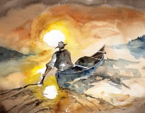 Un homme pagayant au coucher du soleil - RodMacIver