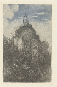Bâtiment sur un rocher et bergers se reposant avec des moutons au pied du rocher (Le Phare, Chapelle alpestre)