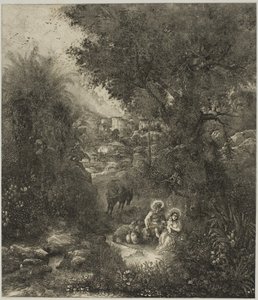 Repos pendant la fuite en Égypte avec un âne sellé - Rodolphe Bresdin