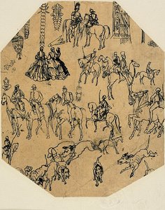 Feuille de croquis : Chiens courants, cavaliers, dames. Éléments architecturaux, insectes - Rodolphe Bresdin
