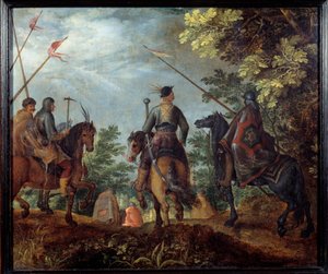 Cavaliers polonais marchant dans un bois. Peinture par Roelant Savery