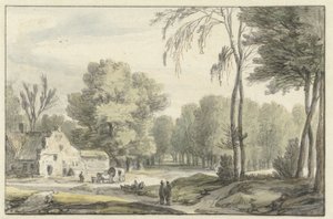 Paysage avec une voiture de voyage devant une ferme