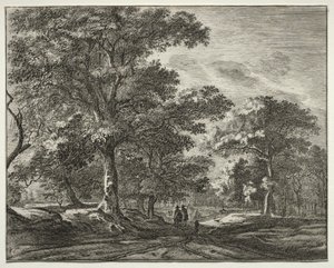 Six vues dans le bois de La Haye : Planche 1, Deux hommes précédés d