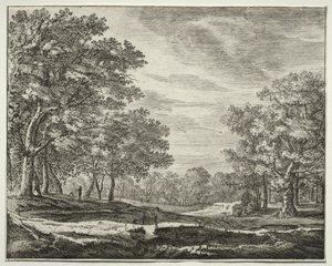 Six vues dans le bois de La Haye : Planche 5, Un homme avec un bâton à la main - Roelant Roghman