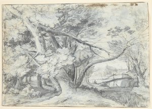 Paysage forestier avec de grands arbres, sous lesquels se trouvent deux hommes et un chien. À droite, un pont