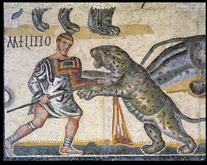 Combat de gladiateurs contre les félins, détail représentant un gladiateur courant à travers un félin, 320 après J.-C. - Roman