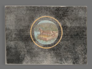 Fragment de fresque à fond noir avec paysage en tondo, 50-79 après J.-C. - Roman