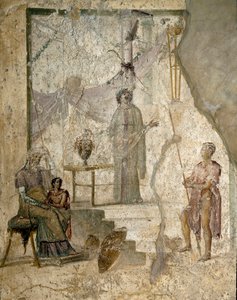 Cassandra prophétise la chute de Troie, son père Priam, assis à gauche, son frère Paris, tenant la pomme de la Discorde et un guerrier appuie sa lance (probablement Hector) - Fresque - Roman