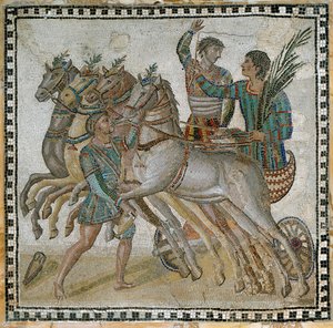 Course de chars (quadrige) avec les cochers en position de départ et un palefrenier près du cheval blanc (au premier plan) - Mosaïque, 3e siècle