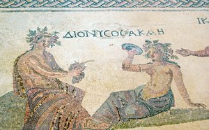Dionysos conseillant la nymphe Akme, Maison de Dionysos, Paphos, Chypre (mosaïque)