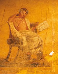 Fresque sur fond jaune représentant le poète grec Ménandre, de la Maison de Ménandre, Pompéi, Campanie, Civilisation romaine