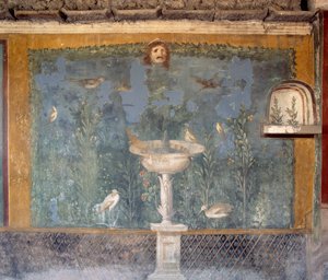Fresque avec fontaine, masque et oiseaux, Maison de Vénus dans la coquille, Pompéi (Liste du patrimoine mondial de l