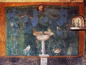 Fresque avec fontaine, masque et oiseaux, Maison de Vénus dans la coquille, Pompéi, Campanie, Italie, civilisation romaine