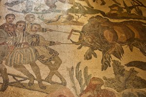 Salle de la Grande Chasse, mosaïque de sol scène de chasse, Villa Romana del Casale, Piazza Armerina, Sicile, Italie