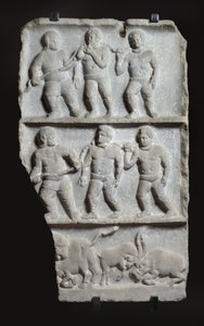 Relief en marbre avec 3 registres : esclaves enchaînés et animaux, c. 200 après J.-C. - Roman
