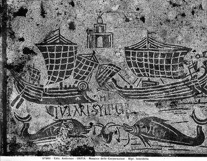 Détail de Pavement du Piazzale dell Corporazioni représentant une scène nautique (mosaïque)