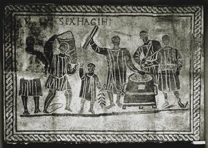 ART ROMAIN : Mesure du grain (maïs). La corvée de maïs que Gaius Gracchus ..., IIe siècle après J.-C. (mosaïque)