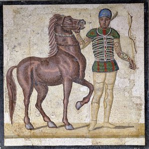 Représentation des quatre factions du cirque romain : les Verts (factio prasina). Les factions étaient des clubs engagés dans des compétitions de cirque dans le Haut Empire (1er siècle après J.-C.) et caractérisées par une couleur. Mosaïque, Rome Museo naz - Roman