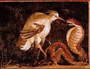 Art romain : Combat entre un héron et un cobra (fresque de la maison des Épigrammes, Pompéi) - Roman
