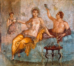 Art romain : scène de banquet, un jeune homme et une courtisane - Roman