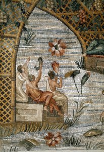 Art romain : détail de la mosaïque nilotique (Nile) de Preneste (Palestrina) du Sanctuaire de la Divinité de la Fortune Primigenia. 80 avant J.-C. Dim. 615x506 cm Palazzo Barberini Palestrina, Italie