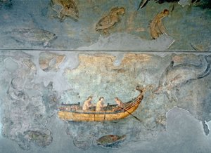 Art romain : pêcheurs sur un bateau Fresque d